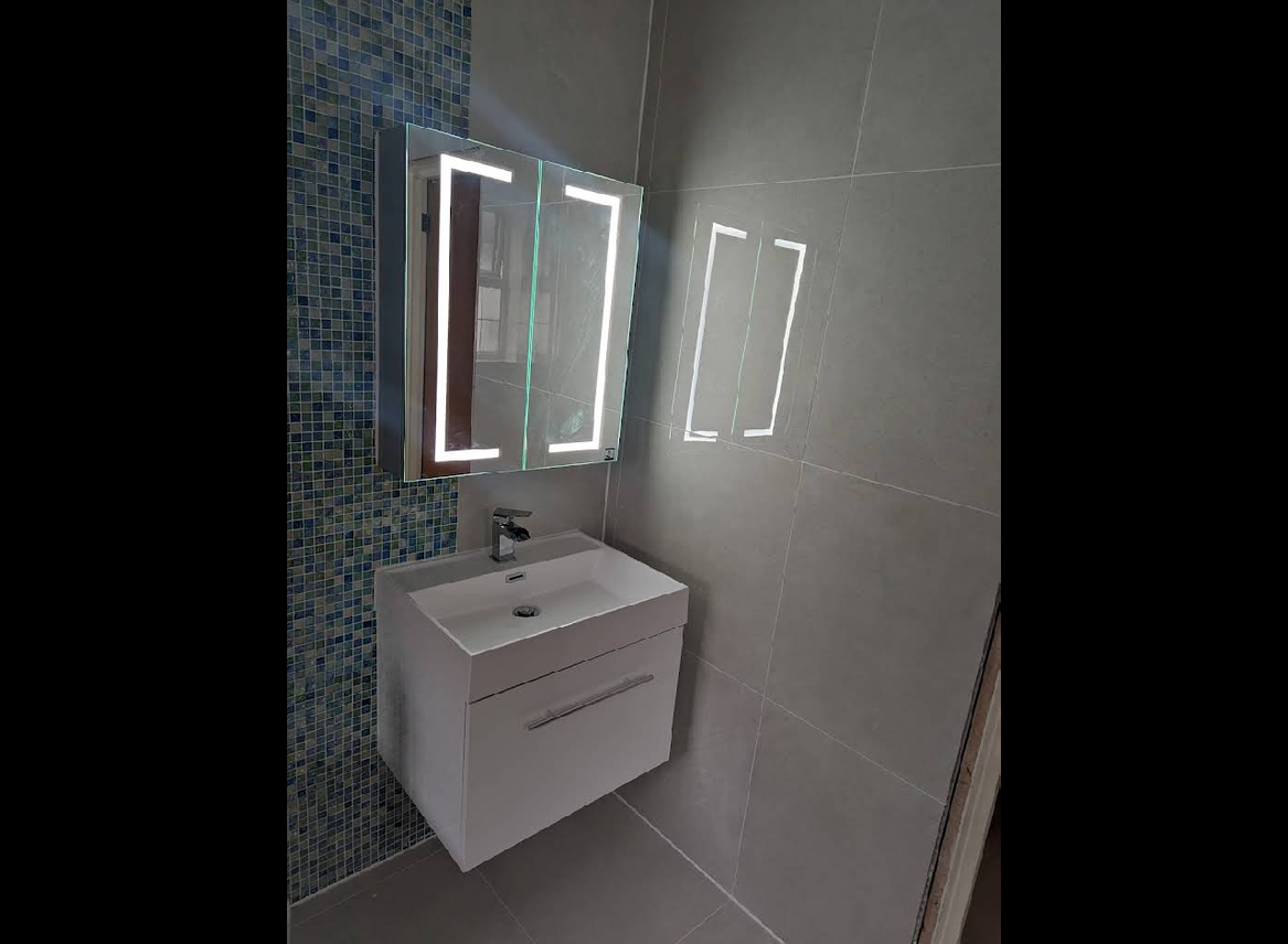 Blue mosaic bathroom with LED mirror cabinet